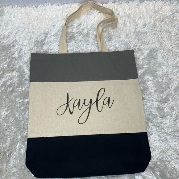 Kayla Tote Bag Gray Cream Black Script Graphic 14 x 16" - Picture 1 of 3